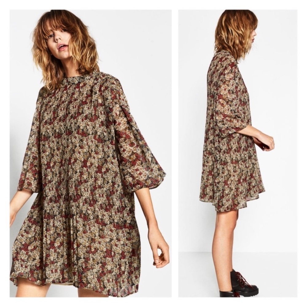 Zara Mock Neck Floral Print 3/4 Sleeve Flowy A-Line Midi Dress Size M - Picture 2 of 7